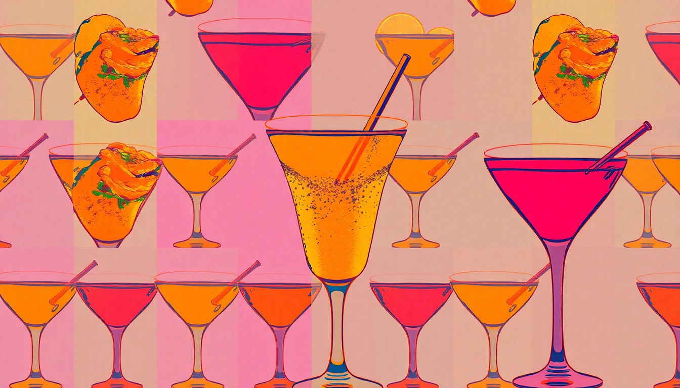 A bold, abstract silkscreen print featuring a repeating pattern of a single iconic Brazilian steakhouse item, such as a skewer of fire-roasted meat or a cocktail glass, rendered in a bright, neon color palette with heavy black outlines, conceptually representing the lively, celebratory atmosphere of the new Fogo de Chão restaurant.