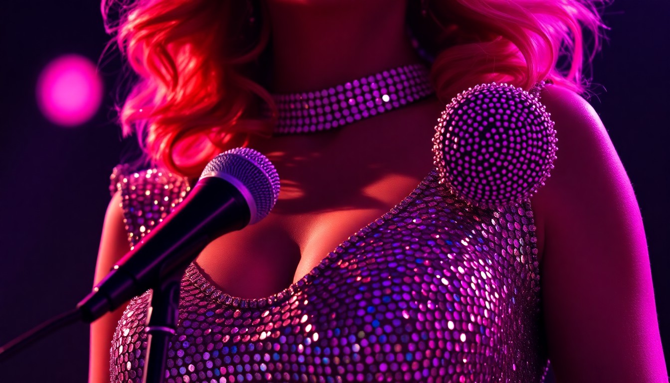 An extreme close-up photograph of a glittering, sequined fabric in shades of silver and gold, captured in dramatic high-contrast studio lighting to create a glamorous, high-fashion aesthetic.