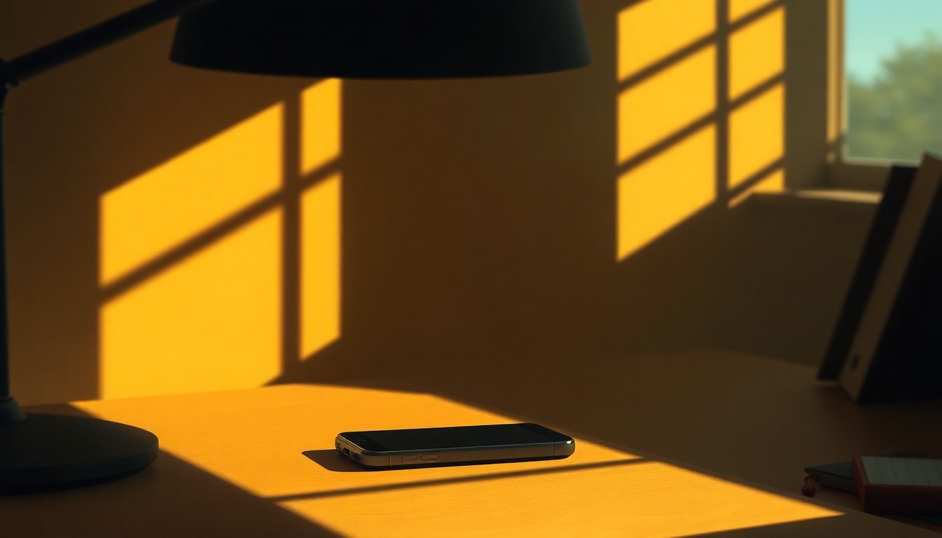 A photorealistic painting of a solitary smartphone on a desk, with warm sunlight and deep shadows creating a contemplative, cinematic mood that reflects the complex political and social issues surrounding children's use of digital technology.