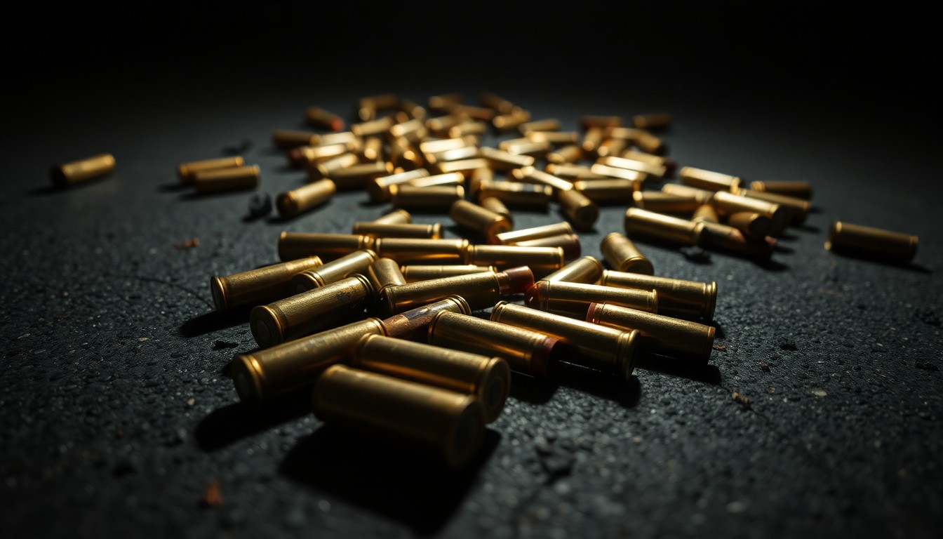 An extreme close-up of several spent bullet casings on a dark concrete surface, capturing the gritty, investigative aesthetic of the crime scene.
