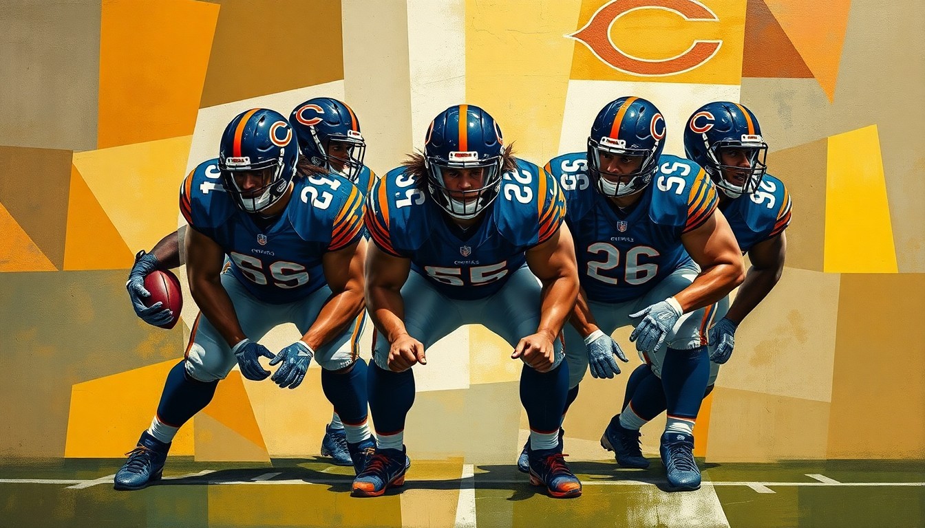 A cubist-style painting depicting the Chicago Bears' offensive line in a fragmented, geometric style, with the left tackle position highlighted and abstracted, reflecting the uncertainty surrounding this critical position.