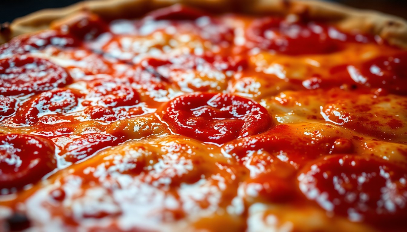 An extreme close-up photograph of a golden-brown pizza crust with melted cheese and vibrant tomato sauce, captured in dramatic high-contrast studio lighting to showcase the artisanal texture and quality of this local specialty.