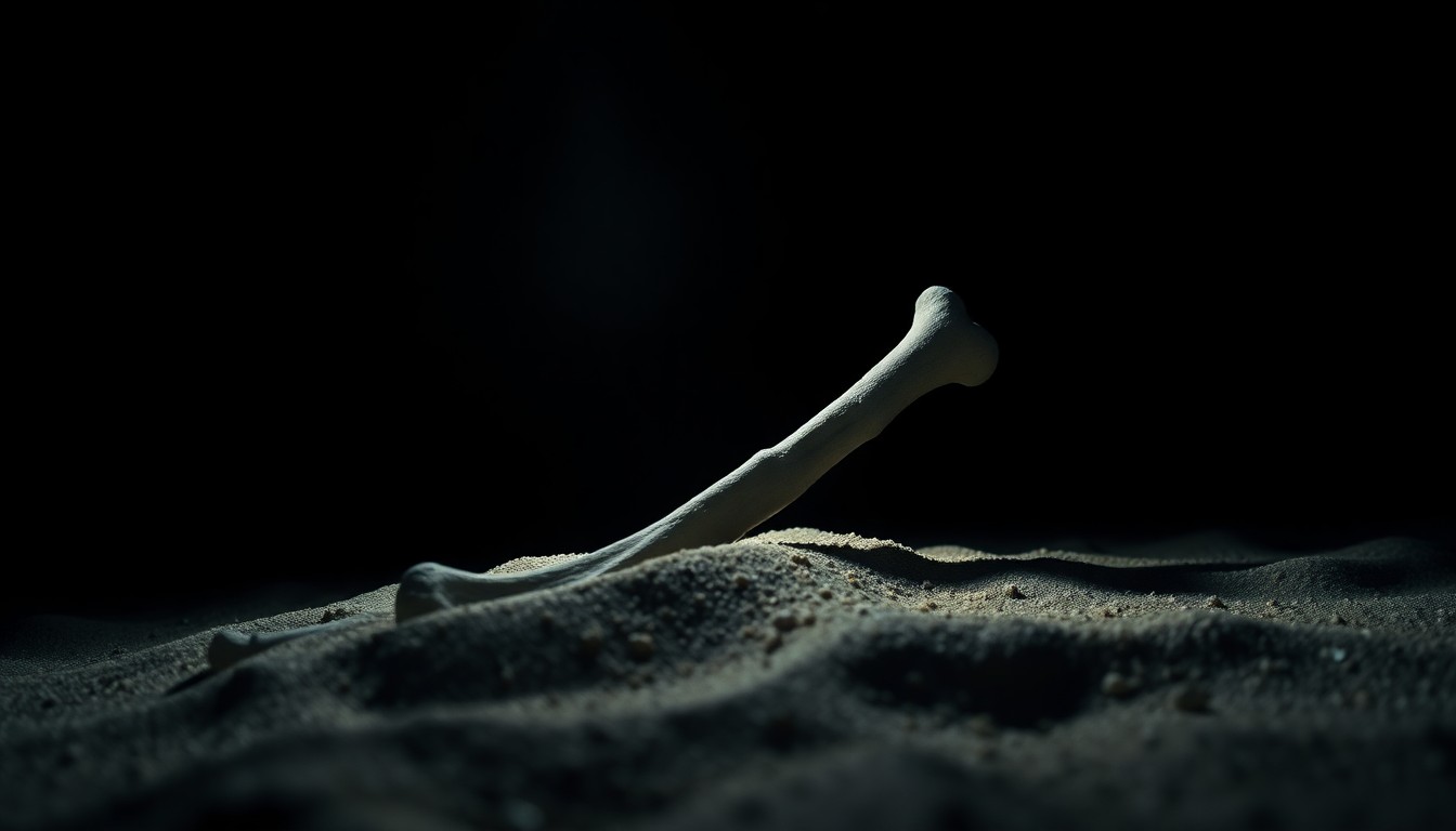 An extreme close-up photograph of a single long bone partially buried in sand, with a harsh, direct camera flash creating dramatic shadows and textures to convey a sense of the gritty, investigative nature of this cold case discovery.