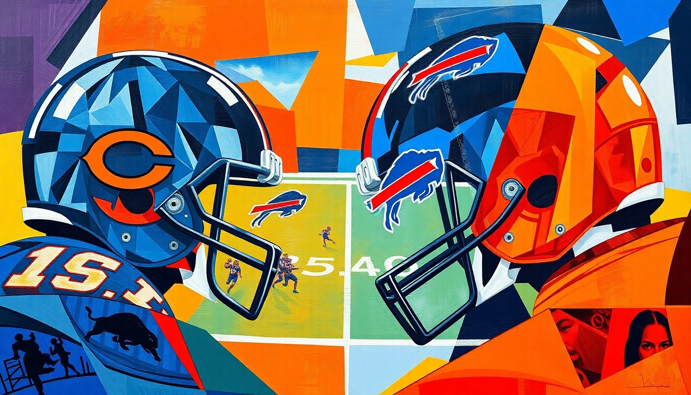 A cubist, geometric painting depicting a fragmented football game or match, with sharp planes of color representing the competing teams and the intensity of the competition.