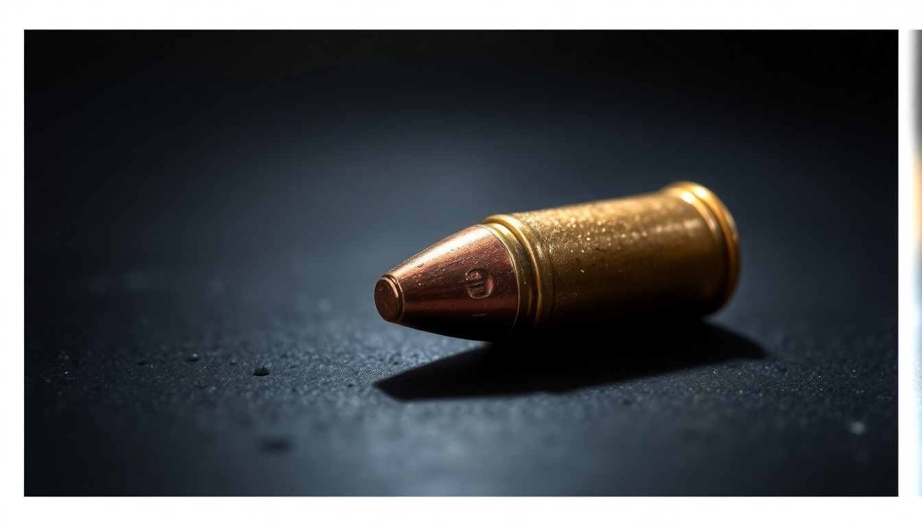 An extreme close-up photograph of a single spent bullet casing on a dark surface, lit by a harsh, direct camera flash, capturing the gritty texture and metallic sheen in stark contrast.