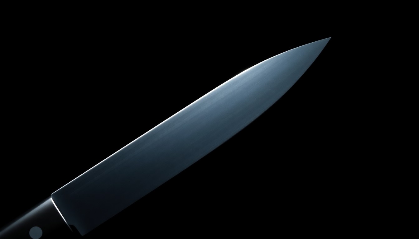 An extreme close-up photograph of a knife blade against a pitch-black background, lit by a harsh, direct camera flash, conceptually illustrating the violence of the incident.