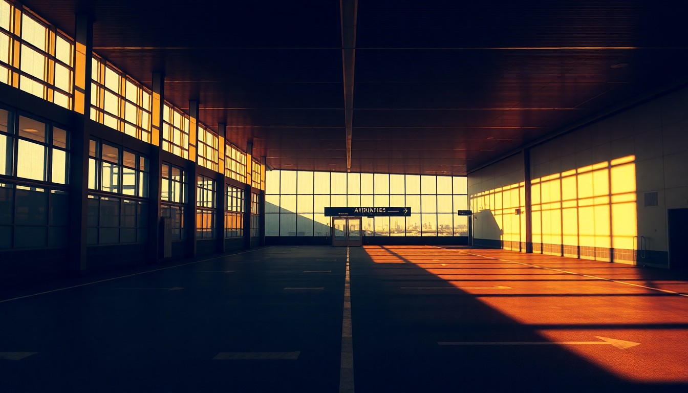 A photorealistic painting of an empty airport terminal building, with warm sunlight streaming through the windows and deep shadows cast across the floors and walls, creating a contemplative and nostalgic mood about the management of public infrastructure.