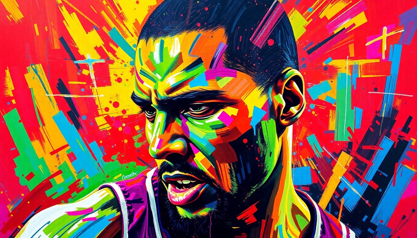 An abstract expressionist painting using vibrant neon colors and rapid brushstrokes to convey the emotional intensity and inner turmoil of a basketball player struggling with mental health issues.