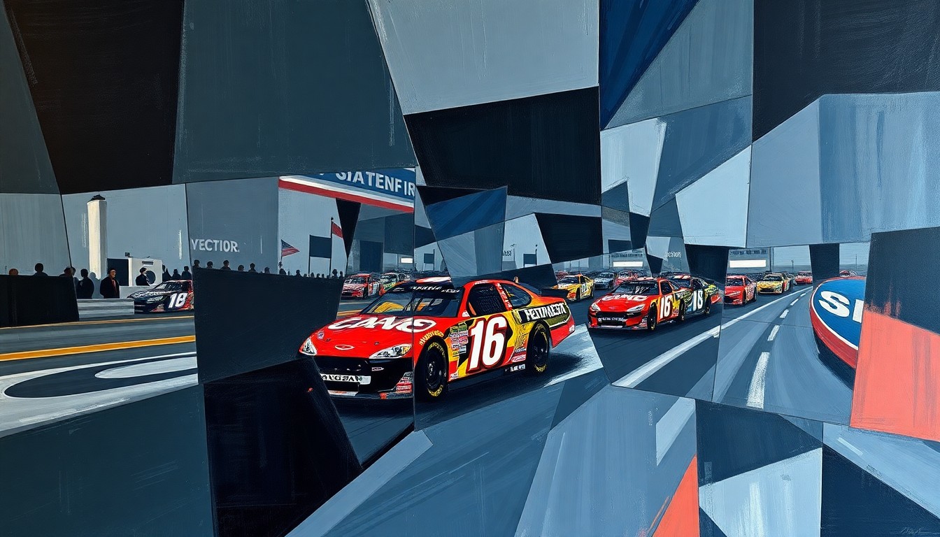 A cubist, geometric painting depicting a fragmented NASCAR race scene, with sharp planes of dark blue, gray, and red intersecting to create a dynamic, multi-perspective visual representation of the sport.