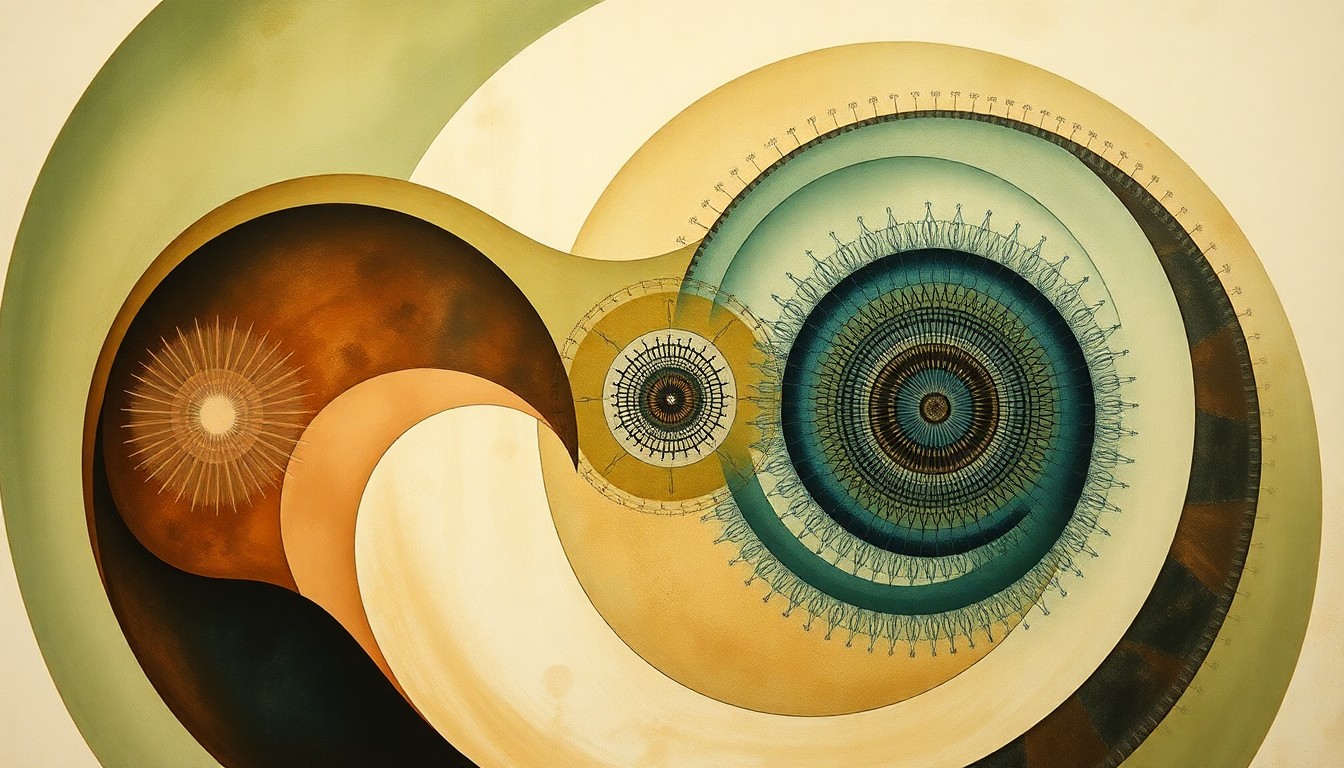 An abstract, highly textured painting in earthy tones of green, brown, and blue, featuring sweeping geometric shapes and precise botanical spirals, representing the complex natural forces involved in the aging process.