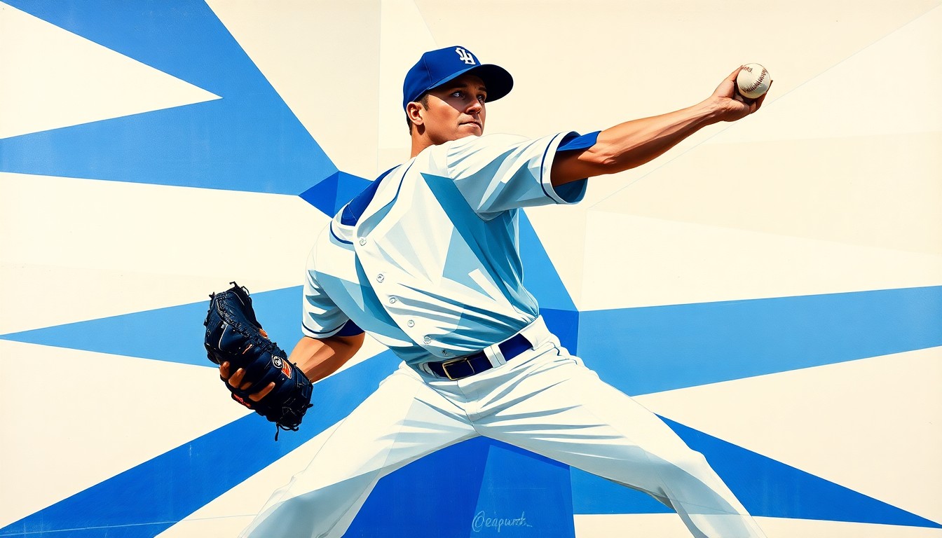 A fragmented, geometric painting depicting a baseball pitcher's throwing motion, with sharp planes of royal blue, powder blue, and white representing the chaotic nature of the Royals' closer situation.