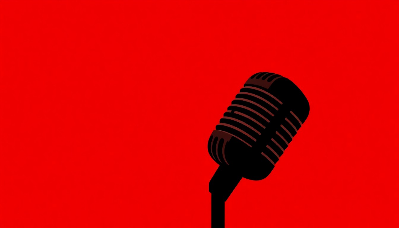 A striking black silhouette of a microphone set against a vibrant red background, conveying the bold, conceptual nature of Bob Dylan's new Patreon project.