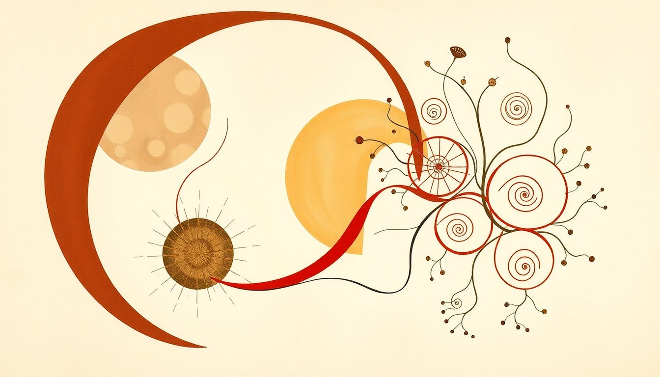 An abstract, textured painting featuring bold geometric shapes, sweeping arcs, and precise botanical spirals in earthy tones, conceptually representing the complex structure and interactions of G-protein coupled receptors.