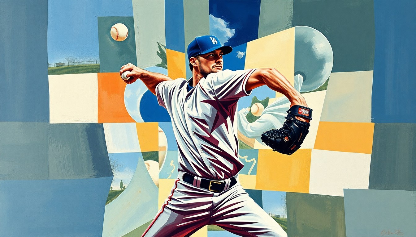 A fragmented, geometric painting depicting the motion of a baseball pitcher, with sharp planes of color and form representing the delivery of the pitch from multiple angles.