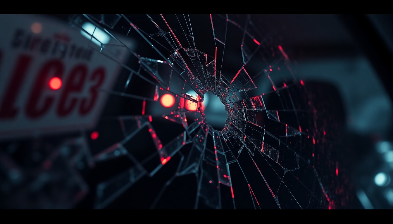 An extreme close-up photograph of shattered glass reflecting a faint red light, conceptually representing the aftermath of a violent crime without depicting any actual violence or victims.