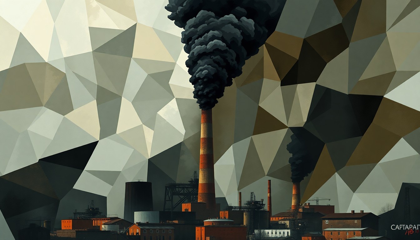 A fractured, abstract painting depicting the smokestack of an industrial steel plant emitting thick black smoke, the overlapping geometric shapes and waves of color representing the toxic pollution overwhelming the surrounding area.