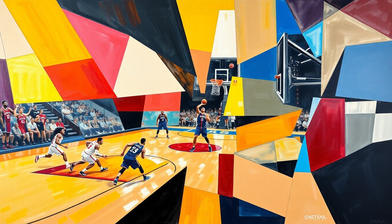 A cubist, geometric painting depicting an abstract NBA basketball game, with overlapping shapes and planes in the vibrant team colors of the Detroit Pistons, Oklahoma City Thunder, and San Antonio Spurs.