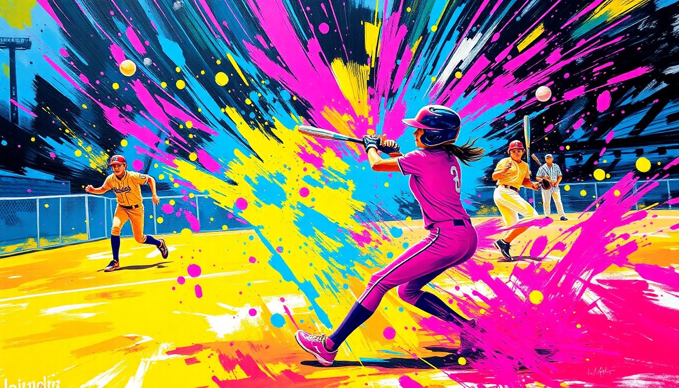 An abstract, energetic painting in a vibrant expressionist style, with sweeping brushstrokes of neon colors capturing the raw motion and power of a high school softball game.