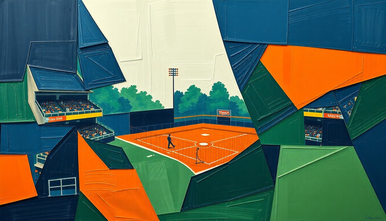A fragmented, geometric painting depicting a high school baseball game, with players and the field broken down into sharp, overlapping shapes in a palette of navy, green, and orange, conveying the dynamic energy of the sport.