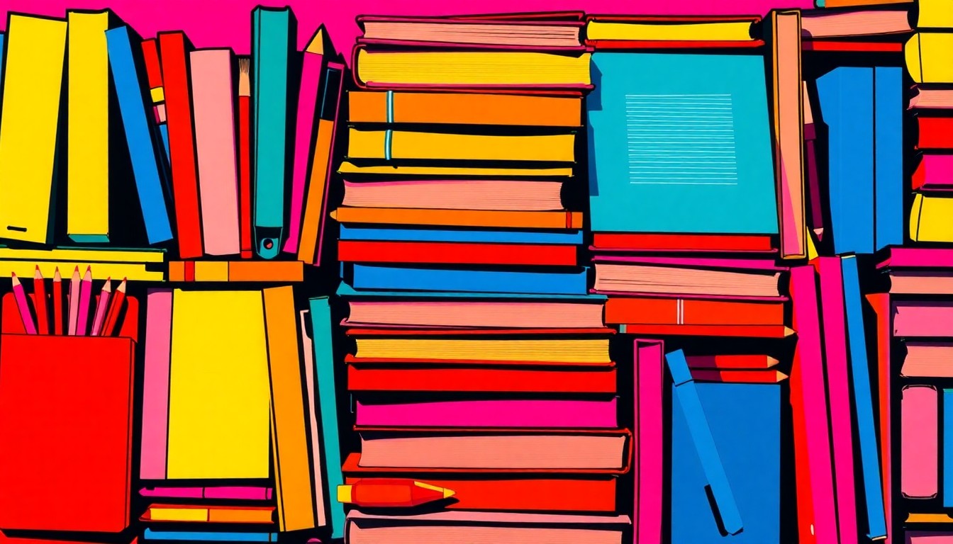 A brightly colored, high-contrast silkscreen print of a stack of textbooks and school supplies in a tight grid pattern, conceptually representing the educational tools and resources that helped Dominguez High achieve its high college readiness rates.
