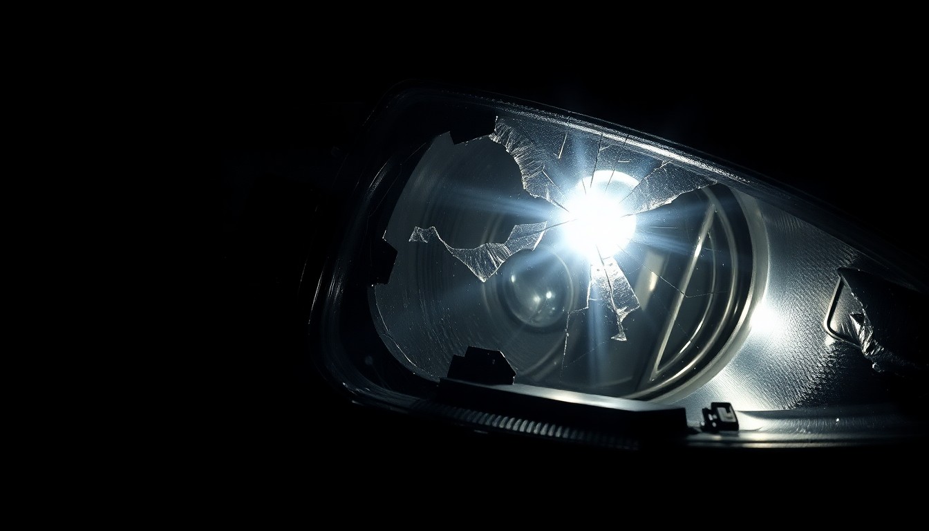An extreme close-up photograph of a cracked car headlight lens, reflecting a harsh, direct camera flash against a pitch-black background, conceptually illustrating the aftermath of a serious vehicle accident.