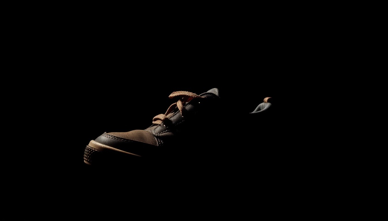 An extreme close-up photograph of a child's shoe against a pitch-black background, lit by a harsh, direct camera flash to create a stark, gritty, investigative aesthetic.