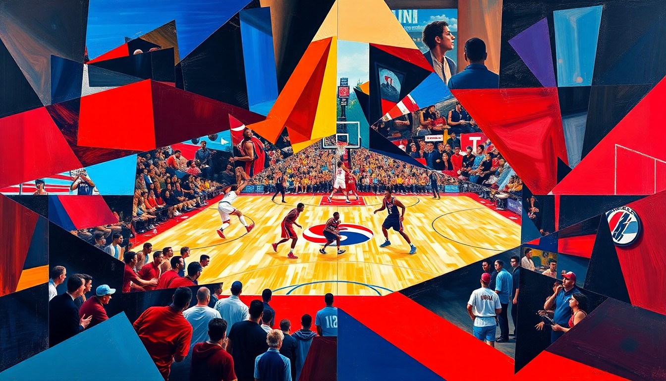 A fractured, multi-perspective painting in a cubist style, breaking down a basketball game between the Washington Wizards and Portland Trail Blazers into sharp, overlapping geometric planes of vibrant red, blue, and black colors.