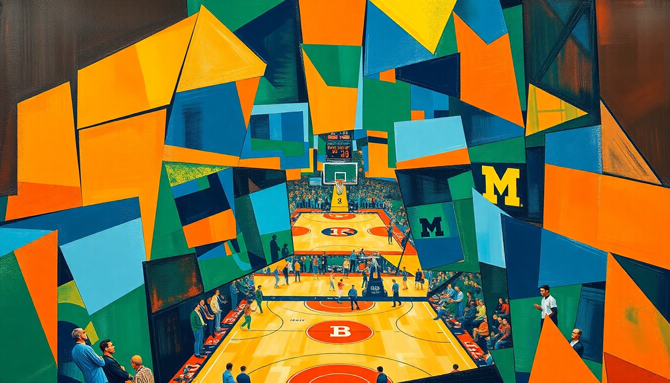 A fragmented, geometric painting depicting a basketball game between two teams, with sharp, overlapping shapes and planes in vibrant colors representing the intensity and competition of the Elite Eight matchup.