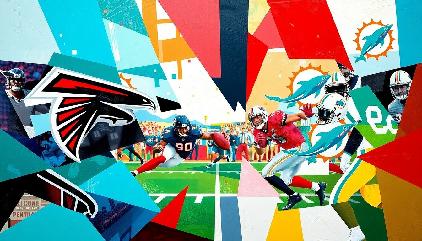 A fractured, cubist-style painting depicting the overlapping movements and perspectives of a football game or quarterback competition, with the colors of the Atlanta Falcons and Miami Dolphins blending together to create a dynamic, geometric visual representation of the story's themes.