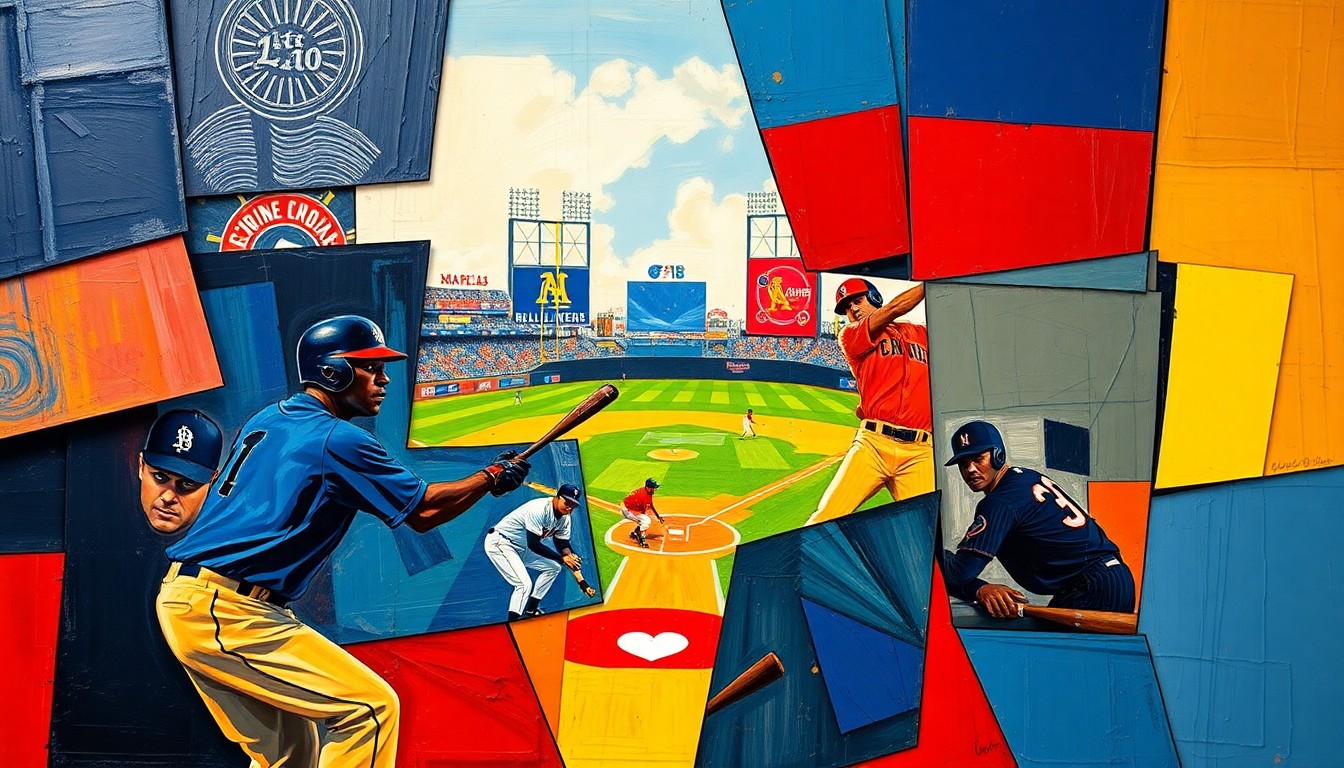 A fractured, cubist-style painting depicting baseball players in action, with their forms broken down into sharp, overlapping geometric shapes in a vibrant color palette of navy, crimson, and gold.