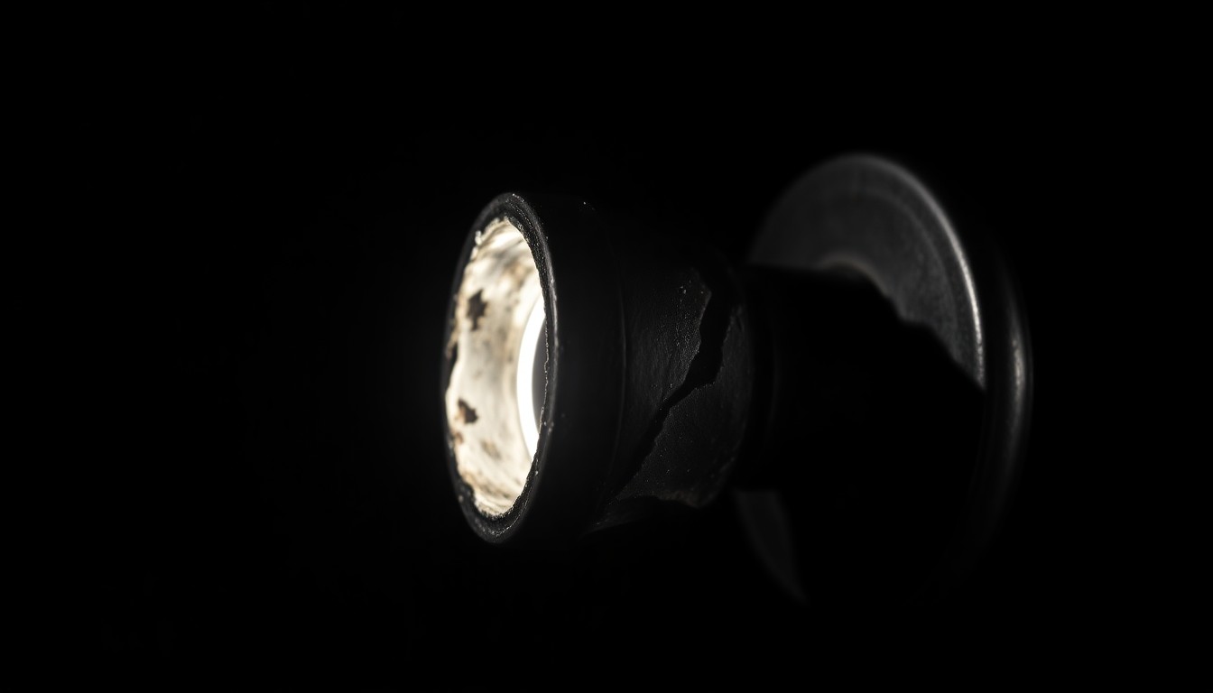An extreme close-up photograph of a charred, twisted metal object from the fire scene, such as a stove knob or cooking utensil, dramatically lit by a harsh, direct camera flash against a pitch-black background, conceptually illustrating the investigation into the deadly blaze.