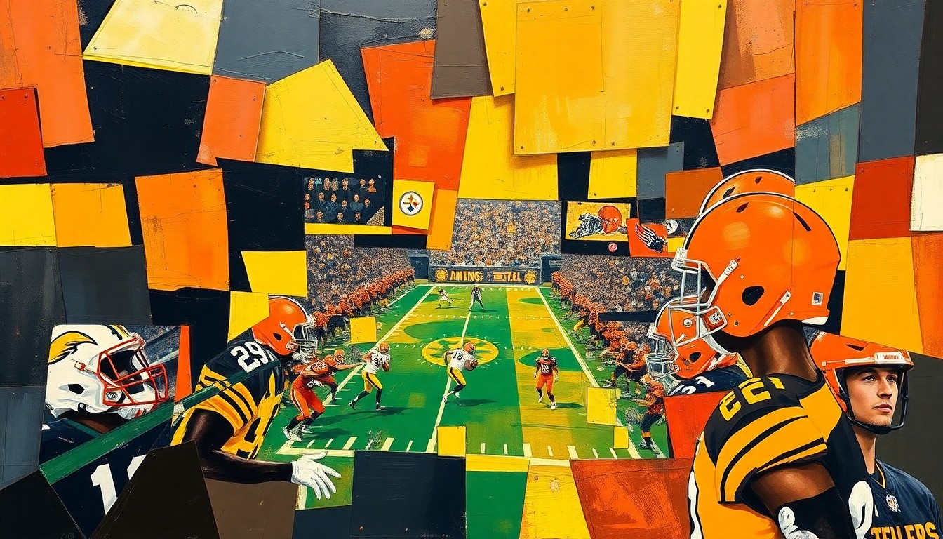 A cubist, geometric painting depicting a fragmented football field with players and ball in overlapping, angular shapes and planes of color.