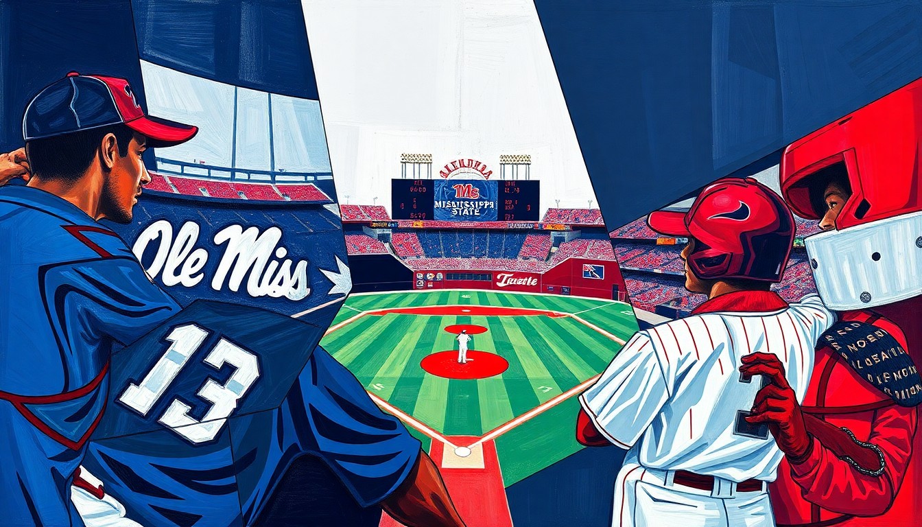 A fractured, multi-perspective painting with sharp, overlapping geometric planes in navy blue, red, and white, conceptually representing the competitive clash between the Ole Miss and Mississippi State college baseball teams.