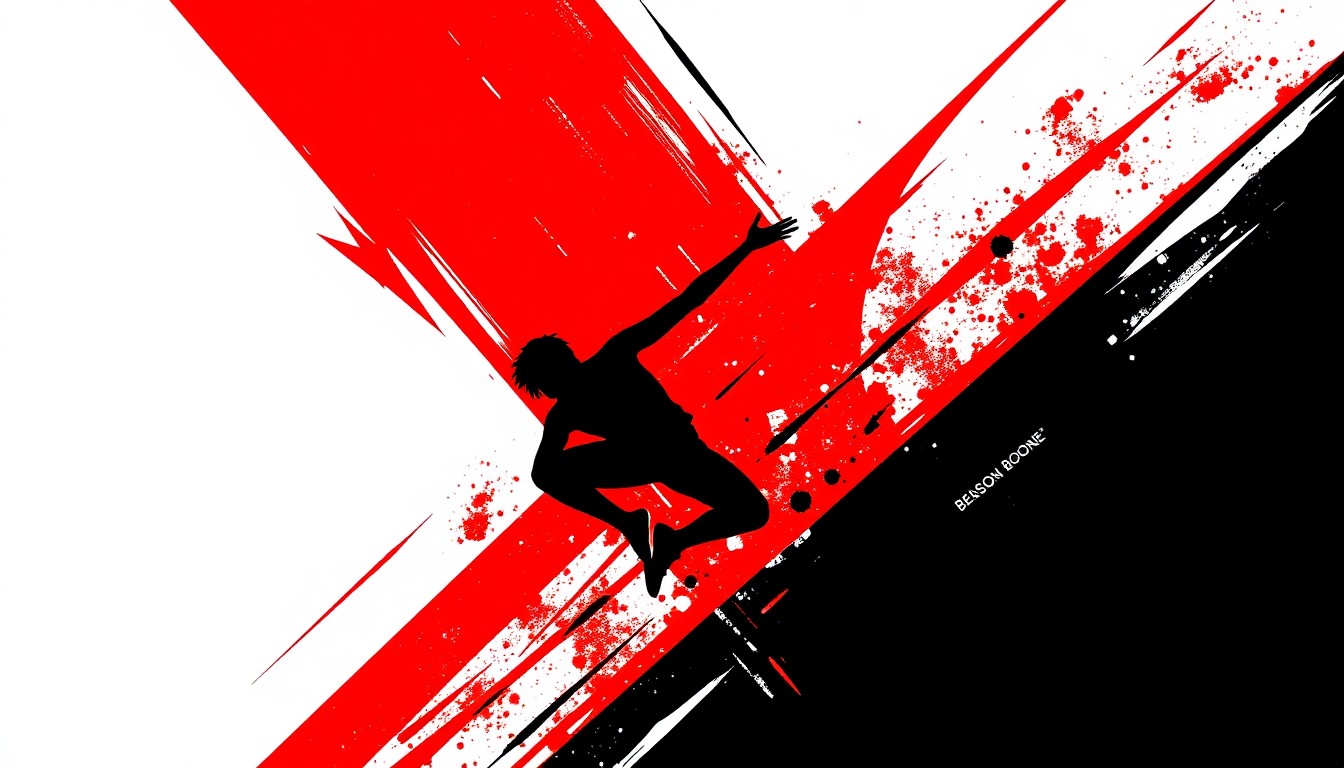 A bold, graphic composition of stark, jagged geometric shapes in high-contrast black and red, abstractly representing the energy and acrobatic prowess of a performer.