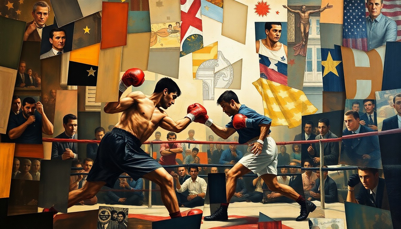 A fragmented, geometric painting depicting the intense physical movements and energy of a boxing match, with sharp planes of color and form representing the grueling 7-hour bout between the two fighters.