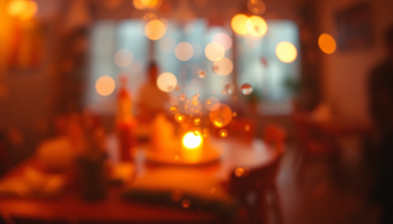 An abstract, impressionistic scene of blurred breakfast dishes and tableware in soft, warm lighting, conveying the intimate, communal atmosphere of a cherished neighborhood restaurant.