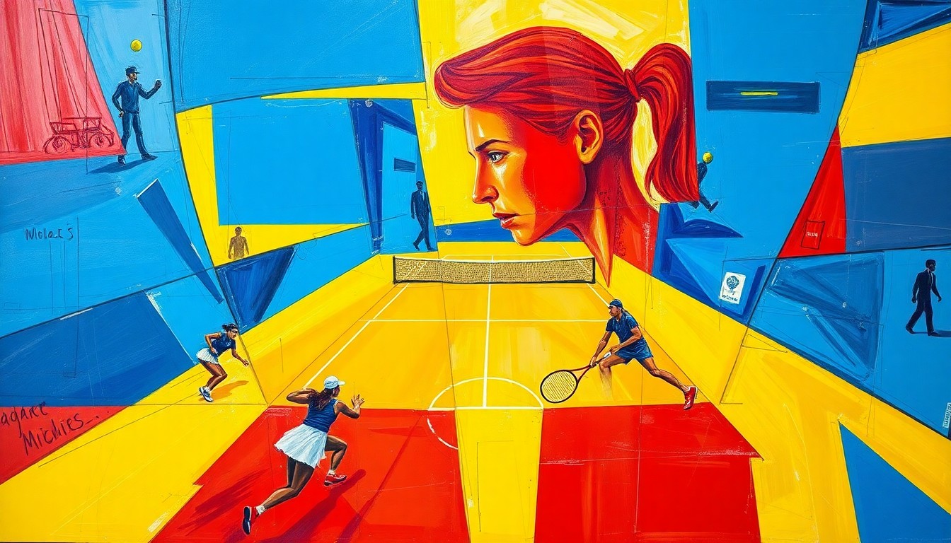 A cubist, geometric painting depicting a women's tennis match, with overlapping planes of color and movement, capturing the energy and intensity of the sport.
