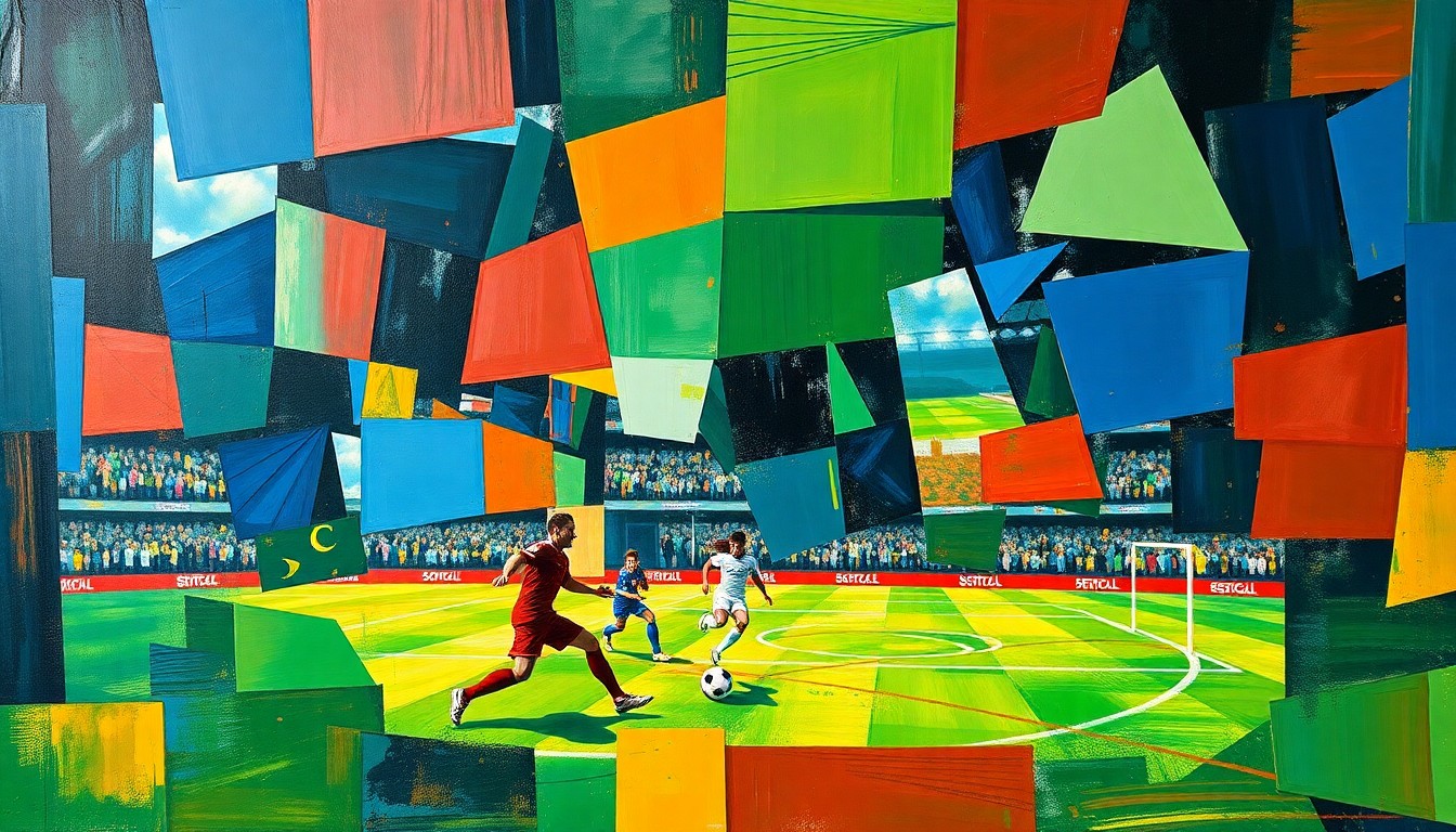 A fragmented, geometric painting depicting the dynamic transfer activity between Italian soccer teams and their European counterparts, with sharp planes of color representing the complex negotiations and player movements.