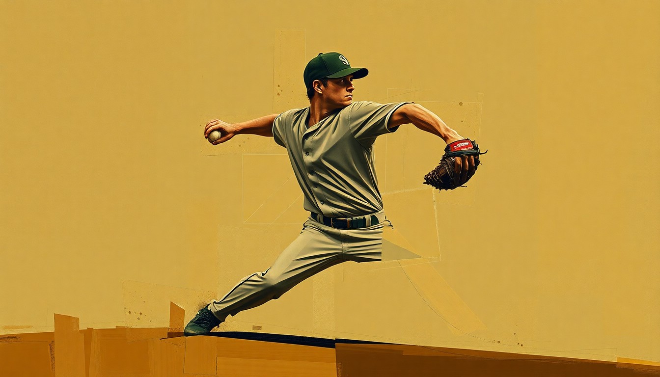 A fractured, geometric painting depicting the overlapping planes and angles of a baseball pitcher's windup and delivery, conveying the conceptual struggle of a veteran player trying to regain his lost velocity.