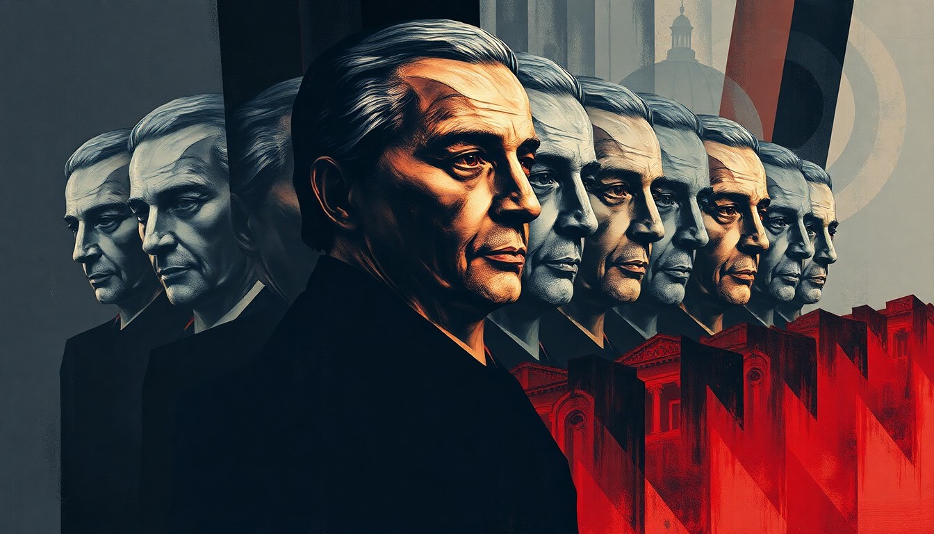 An abstract, fragmented painting in shades of grey, navy, and red, depicting a distorted, overlapping image of a government building or political figure, conveying a sense of instability and unrest.