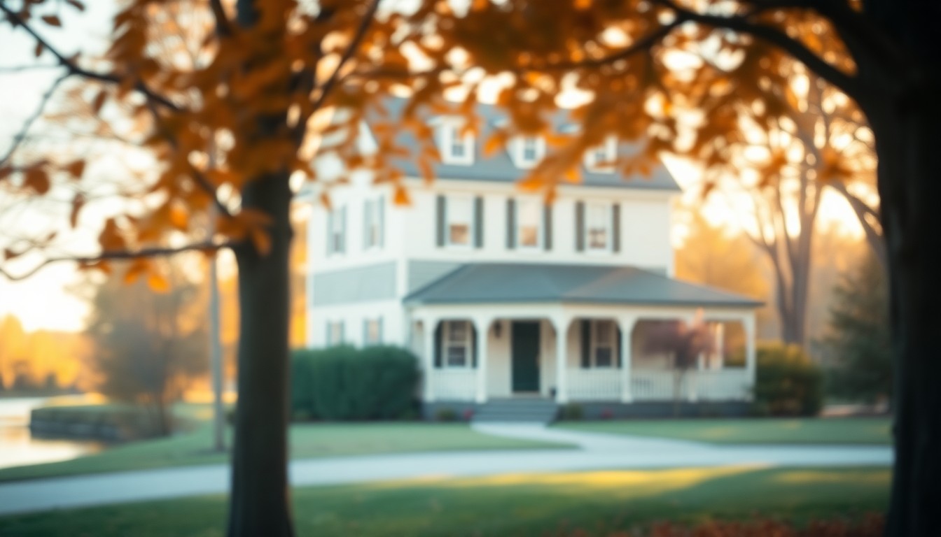 An extremely abstracted, out-of-focus photograph of a historic colonial home surrounded by soft, warm pools of light and color, conveying the timeless charm and natural setting of the property.
