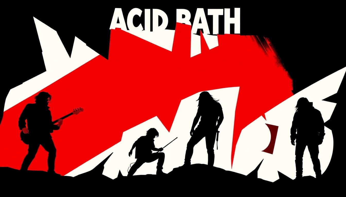 A striking, abstract illustration featuring bold, jagged shapes and silhouettes in high-contrast colors, conceptually representing the energy and excitement of Acid Bath's reunion tour.