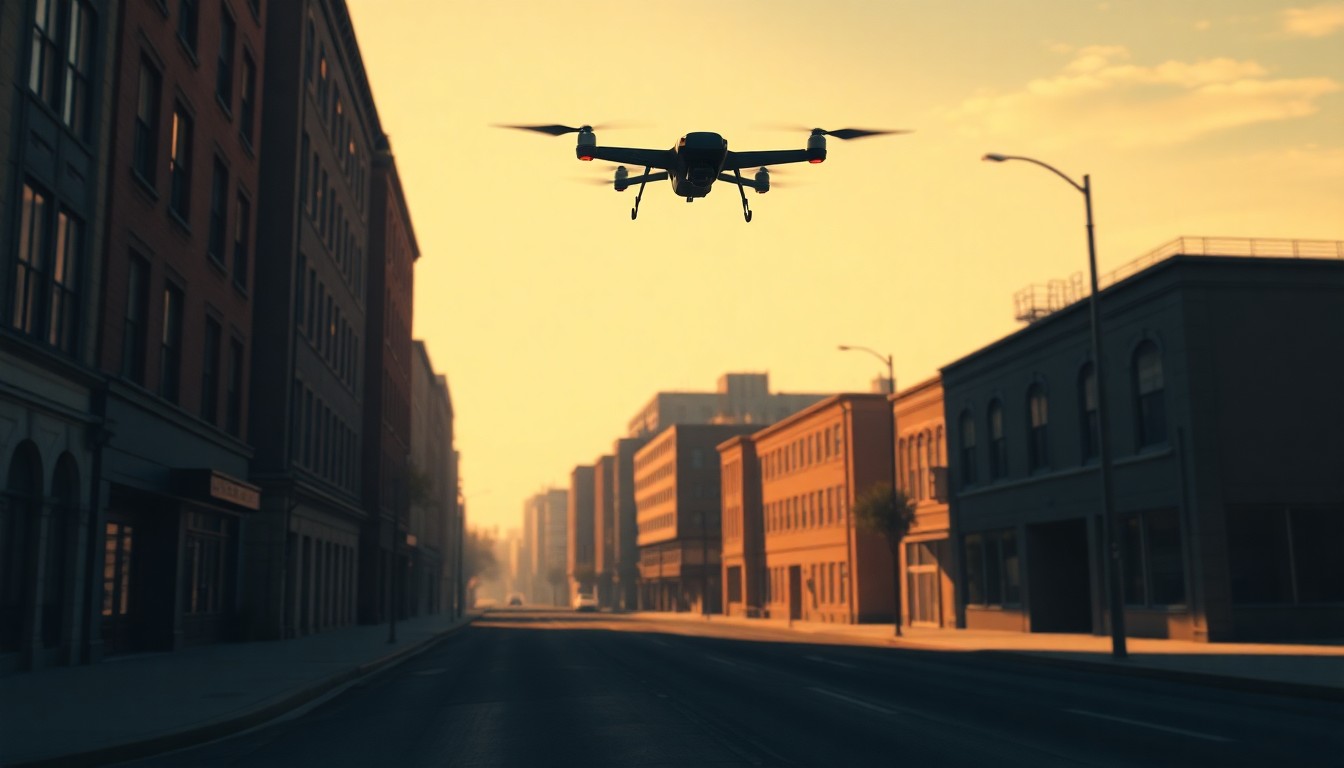 A photorealistic painting of a solitary military drone hovering over an empty city street, the drone's angular silhouette casting long shadows across the pavement in warm, golden light, conveying a sense of quiet unease and the looming presence of conflict.