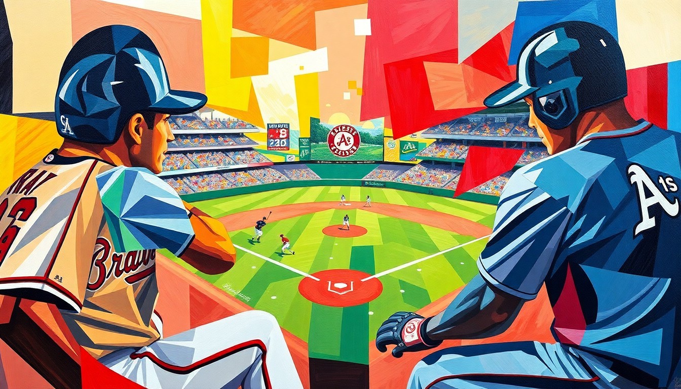 A cubist-style painting featuring overlapping geometric shapes and planes in the colors of the Braves and Athletics uniforms, conceptually representing the fast-paced action and strategic elements of a baseball game.
