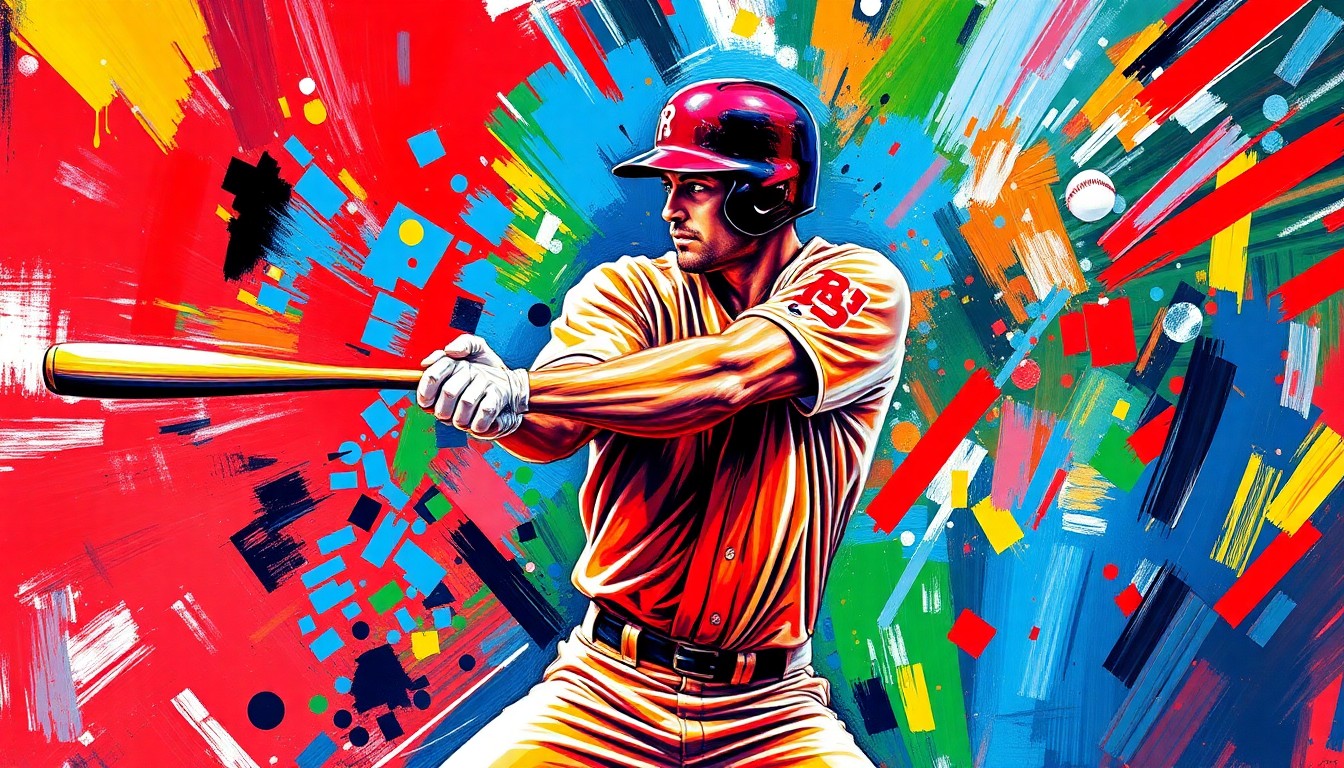 An abstract, energetic painting featuring bold, neon-colored brushstrokes that capture the dynamic motion and power of a baseball player's swing, conceptually representing the breakout performance of Munetaka Murakami.