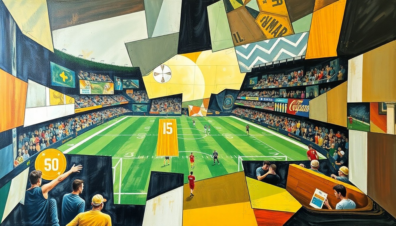 A cubist-style painting featuring fragmented, overlapping geometric shapes in shades of green, blue, and brown, conceptually representing the complex negotiations and power dynamics at play in a potential NFL trade.