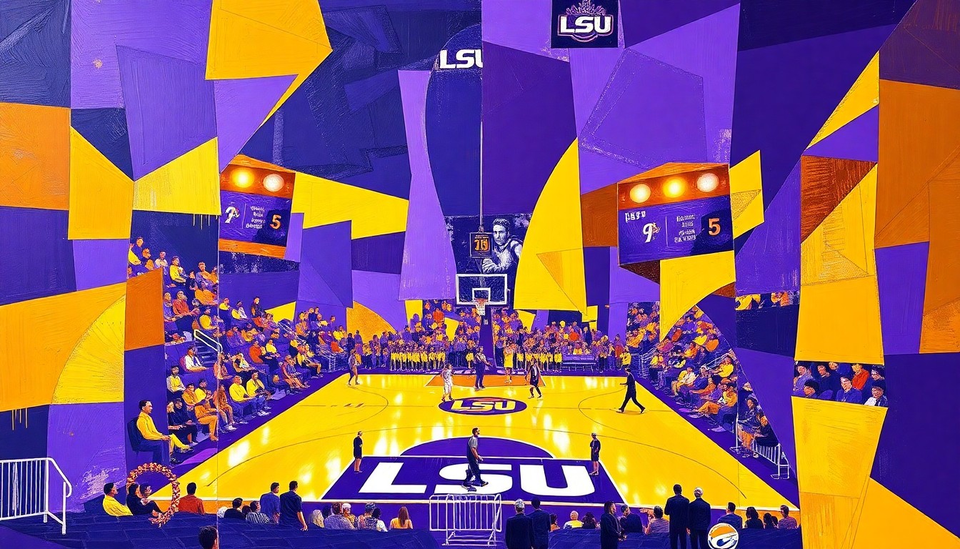 A cubist, geometric painting in shades of purple and gold, breaking down a basketball game into sharp, overlapping shapes and planes, conceptually representing the energy and anticipation surrounding the introduction of a new head coach.