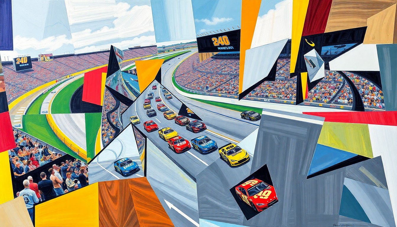 A fractured, geometric painting depicting the chaos and energy of a NASCAR race at Martinsville Speedway, with sharp, overlapping planes of color representing the cars and track.