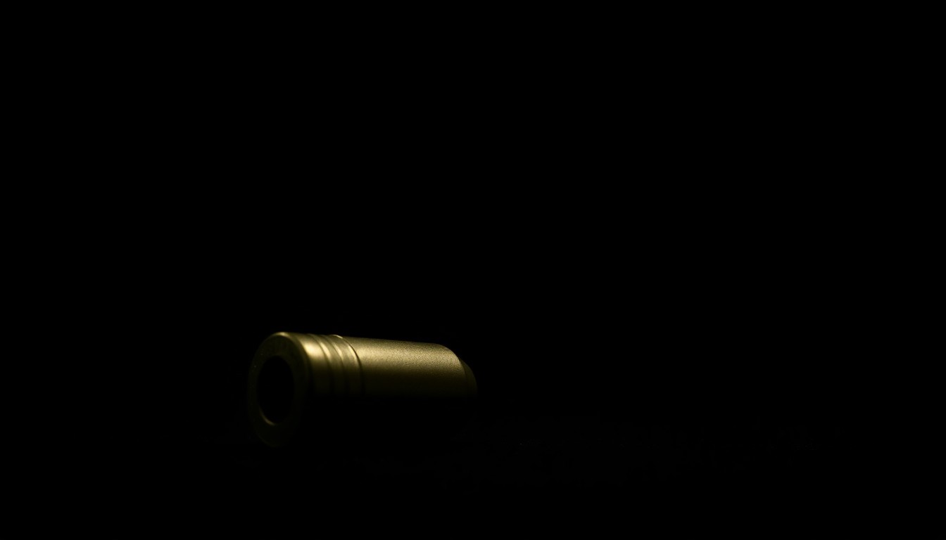 An extreme close-up photograph of a single bullet casing on a dark background, lit by a harsh, direct camera flash, conceptually illustrating the aftermath of a school shooting incident.