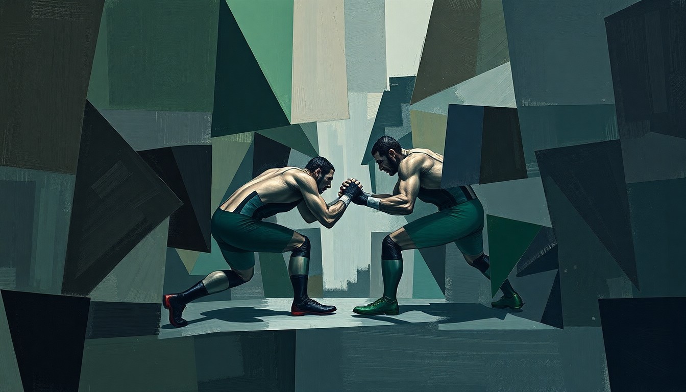 A fragmented, geometric painting depicting a wrestling match, with sharp planes of navy, forest green, and charcoal grey overlapping to create a sense of dynamic movement and collision.